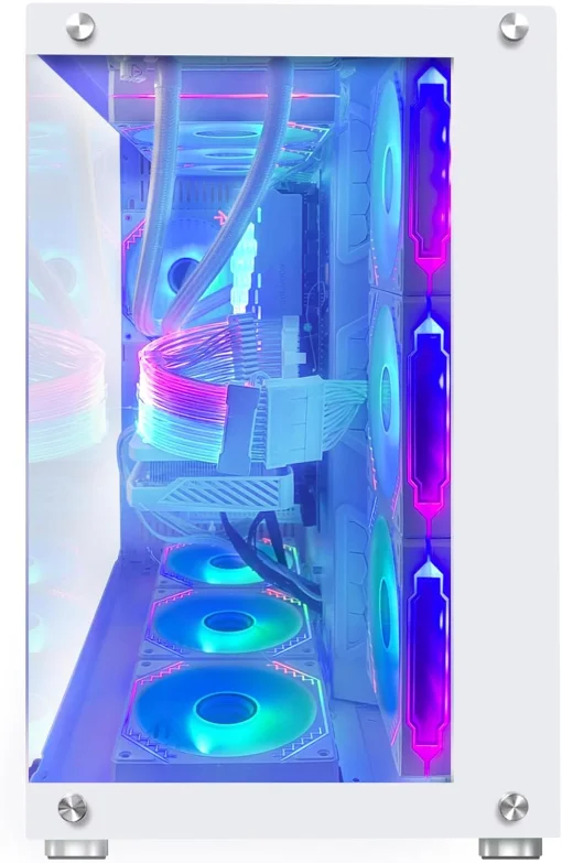 Cod. 381 Case WJCOOLMAN CA-020 White / ATX / lateral y frontal vidrio templado vista 270° / admite refrigeración líquida de 360° / USB 3.0, USB 2.0, HD audio / sin fuente /  Incluye P/Armar 4*fans ARGB 120mm + Controlador RGB AURA Sync + CR