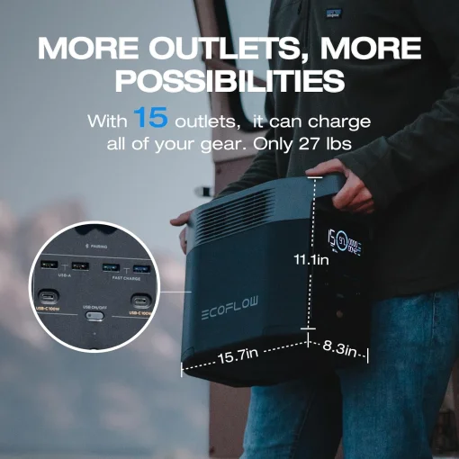 Cod. 174  Estación de energía portátil EF ECOFLOW DELTA 2 / batería LiFePO4 de 1024 Wh / salida de 1800 W AC/100 W USB-C / Salida (AC 120V*6, USB-A 5V/2.4A*2, USB-A 18W*2, USB-C 100W*2, CAR 12V/10A*1, DC 12V/3A*2) Carga rápida 80 min