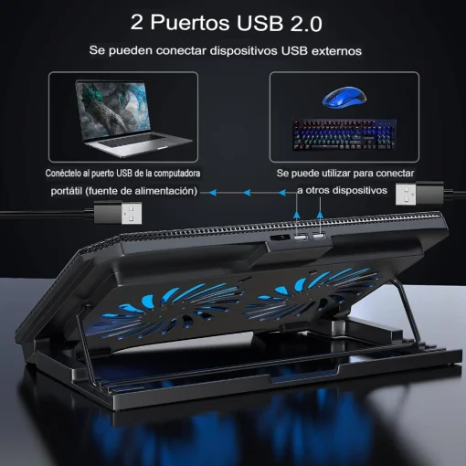 Cod. 476  Base de Enfriamiento P/Laptop XTRIKE ME FN-818 / hasta 17&quot; / 2 Ventiladores Led Azul / 2 Puertos USB / 5 niveles ajustables / Soporte extra para celular