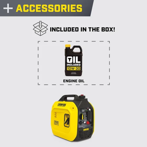 Cod. 200 Generador Inversor portátil Champion Power Equipment silencioso 2,500 Watts / a Gasolina / Salida (dúplex CA120V 15.4 A (2*tomas), 12V DC 8A) / 1*Paralelo / escudo de CO / hasta 11,5 Hr. 25%