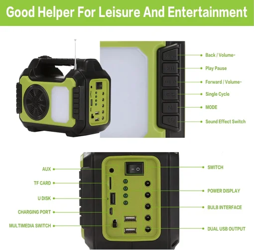 Cod. 224  Banco de Energía GDPLUS Bat. 48 Wh (13.000 mAh) + 1*Panel Solar + 4*Bombillas LED + 1*Cable cargador 5en1 / puertos: 2*USB-A, 5*DC / Función: Linterna LED, mp3, Radio FM, USB / Peso. 2 lbs