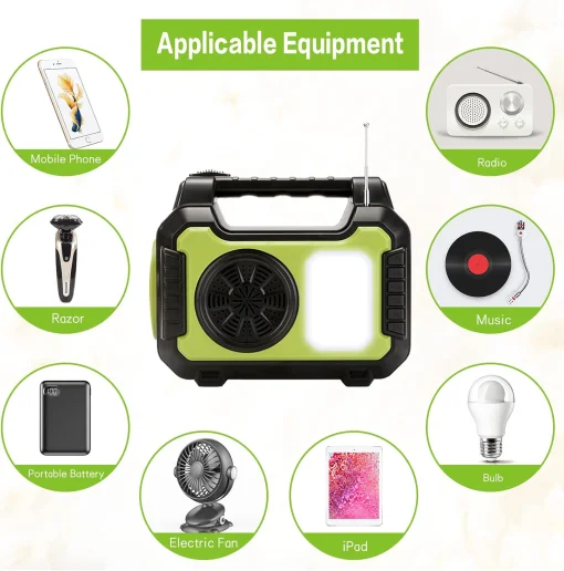 Cod. 224  Banco de Energía GDPLUS Bat. 48 Wh (13.000 mAh) + 1*Panel Solar + 4*Bombillas LED + 1*Cable cargador 5en1 / puertos: 2*USB-A, 5*DC / Función: Linterna LED, mp3, Radio FM, USB / Peso. 2 lbs