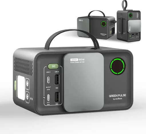 Cod. 217 Banco de Energía ACACIA GP100 batería litio 92.16WH (25.600mAh) Salida 100W (200max.) / 6 Puertos (1* toma AC, 1*DC, 2*USB-A QC 3.0, 2*USB-C PD 3.0) / Linterna LED / Peso 2.3 lbs / carga rapida 90 min.