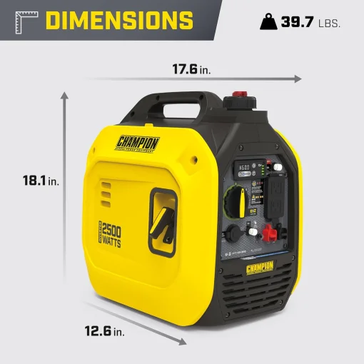 Cod. 200 Generador Inversor portátil Champion Power Equipment silencioso 2,500 Watts / a Gasolina / Salida (dúplex CA120V 15.4 A (2*tomas), 12V DC 8A) / 1*Paralelo / escudo de CO / hasta 11,5 Hr. 25%