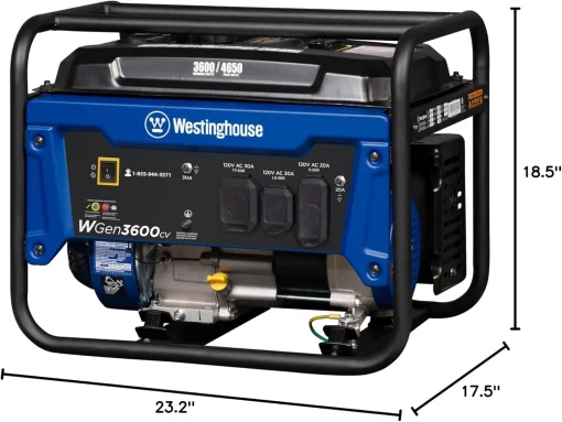 Cod. 202 Generador Westinghouse WGEN3600CV 4650W Súper Siliencioso / Gasolina 4GL. / Salida: 2*tomas AC 120V/20A, 1*120V/30A (L5-30R), 1*120V/30A (TT-30R) / Funcióna 14 Hr. 25% / sensor de CO