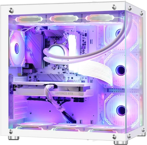 Cod. 381 Case WJCOOLMAN CA-020 White / ATX / lateral y frontal vidrio templado vista 270° / admite refrigeración líquida de 360° / USB 3.0, USB 2.0, HD audio / sin fuente /  Incluye P/Armar 4*fans ARGB 120mm + Controlador RGB AURA Sync + CR