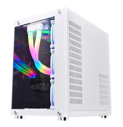 Cod. 381 Case WJCOOLMAN CA-020 White / ATX / lateral y frontal vidrio templado vista 270° / admite refrigeración líquida de 360° / USB 3.0, USB 2.0, HD audio / sin fuente /  Incluye P/Armar 4*fans ARGB 120mm + Controlador RGB AURA Sync + CR
