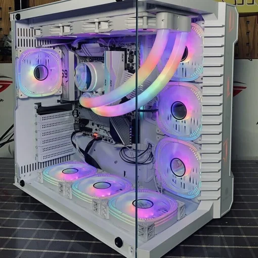 Cod. 385 Kit Case GAMEKM CA-025 White / ATX / acero de aleación / lateral y frontal vidrio templado vista 270° / admite refrigeración líquida de 360°, luz LED ARGB / USB 3.0, USB 2.0, HD audio / sin fuente / Incluye P/Armar 4*fans ARGB 120mm + Controlador