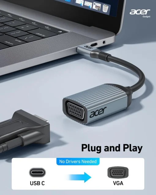 Cod. 170 Adaptador de Video ACER ODK430 de USB Tipo-C (macho) a VGA (hembra) / 1080p FHD / Thunderbolt 3/4 a VGA / Carcasa de aluminio