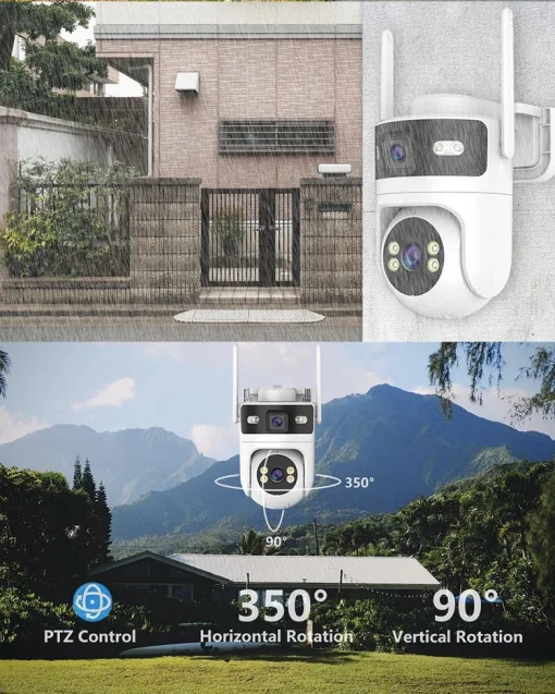 Cod. N:219 C&aacute;mara Smart ENV Pro 4 P/Exterior 350&deg; / Doble Lente 8MP (4MP+4MPM) / Vision Nocturna / Detecci&oacute;n de movimiento / Audio bidireccional / Soporta microSD (hasta 128GB) / Compatible: Asist. Google y Alexa / IP66