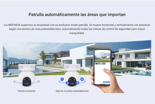 Cod. AE:365 Cámara Smart exterior EZVIZ H80f Multi 2K+ 360° lentes triple / Zoom 12× / Vista Nocturna Color / Auto-Zoom Tracking / 2*modos patrulla auto. / Detección humana/vehículo IA / Defensa activa / Audio bidireccional / microSD hasta 512GB / IP67 /