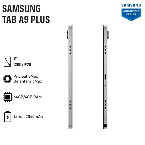 Cod. 135  Tablet Samsung Galaxy Tab A9+ (SM-X210) / Snapdragon 695 / 11" WUXGA, 90Hz / RAM 4GB / 64GB Alm. Exp. MicroSD (hasta 1TB) / Android 15 / Wi-Fi 5, BT 5.1 / Cam. post. 8MP, front. 5MP / Dolby Atmos / Bat. 7040 mAh - Silver