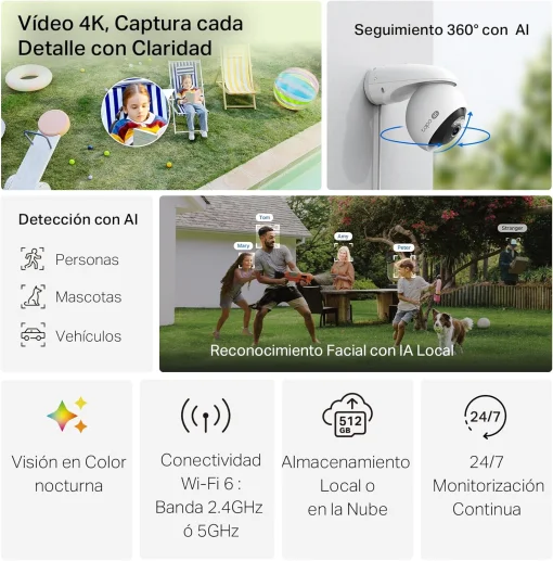 Cod. 405 C&aacute;mara Smart TP-Link Tapo C560WS, Wi-Fi 6 P/Exterior IP66, 360&ordm;, 4K Ultra HD (8MP) / Reconocimiento Facial IA / Zoom Digital 18&times; / Detecci&oacute;n &amp; Seg. autom&aacute;tico AI (pers. masc. veh.) / Visi&oacute;n nocturna Color Starlight / Alarma Luz/Sonido / Audio bid