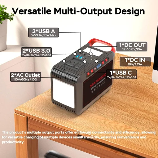 Cod. 179 Banco de Energía MARBERO 300W, 237Wh/64 000mAh, P/laptop: 2*Tomas AC 110V / 1*puerto DC / 4*puertos USB-A (2*QC 3.0 carga rápida + 2*5V/3.1A) / 1*USB-C 18W / 2*Linternas LED / Peso 4.6 lbs