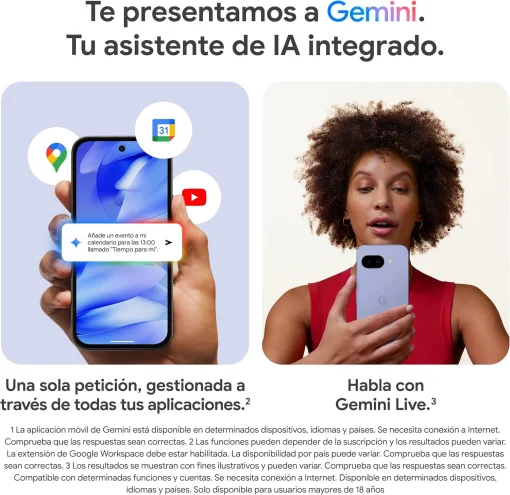 Cod. 294  Google Pixel 9a (GXQ96) With Gemini IA / 5G Sub-6&nbsp; / 128GB Alm. / 8GB Ram / 6.3" pOLED / Cam. IA Quad 48MP + Selfie 13MP / Potentes Funciones de Seguridad / IP68 / nano SIM y eSIM(digital integrada) / Bat. +30 H. / Obsidiana