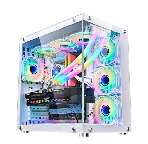 Cod. 381 Case WJCOOLMAN CA-020 White / ATX / lateral y frontal vidrio templado vista 270° / admite refrigeración líquida de 360° / USB 3.0, USB 2.0, HD audio / sin fuente /  Incluye P/Armar 4*fans ARGB 120mm + Controlador RGB AURA Sync + CR