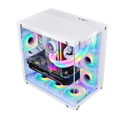 Cod. 381 Case WJCOOLMAN CA-020 White / ATX / lateral y frontal vidrio templado vista 270° / admite refrigeración líquida de 360° / USB 3.0, USB 2.0, HD audio / sin fuente /  Incluye P/Armar 4*fans ARGB 120mm + Controlador RGB AURA Sync + CR