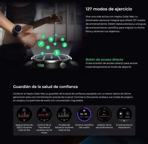 Cod. 1160 SmartWatch HAYLOU Solar Neo HF008 Black / LLamadas BT 5.3 / Pantalla HD 1.53" / +120 modos deportivos / Monitoreo de salud / IP68 / Bat. 300mAh (7-30 dias) / Incl.&nbsp;2 correas