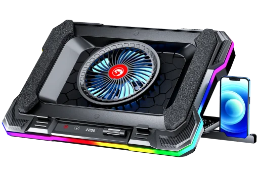 Cod. 470 Base de Enfriamiento P/Laptop MARVO Atlas 43 RGB (10 modos) / hasta 19&quot; / velocidades ajustables (300-2200 RPM) 89CFM, pantalla LED / 7 niveles ángulos / 2*P/USB /  Soporte P/Celular