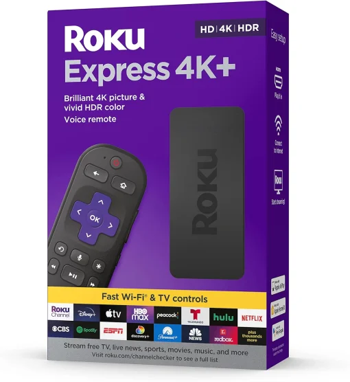 Cod. 1062 Roku Express 4K+ / Reproductor de streaming 4K/HDR / Wi-Fi® 5 / Audio Dolby, DTS / HDMI / Accede a plataformas Netflix, Disney+, XBO MAX y más! / Compatible Alexa, Apple AirPlay, Asst. Google / Control por Voz y TV