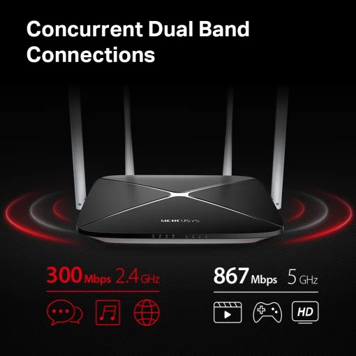 Cod. 162 Router Wireless MERCUSYS AC12 v3 / Dual Band AC1200, 1.2 Gbps / (5 dBi) 4*Antenas / MU-MIMO 2x2 / Multi-Modo (Access Point, Repetidor) / Conex. hasta 32 dispositivos