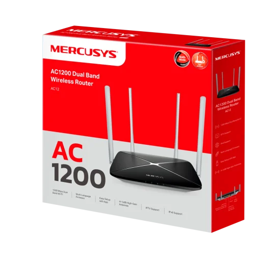 Cod. 162 Router Wireless MERCUSYS AC12 v3 / Dual Band AC1200, 1.2 Gbps / (5 dBi) 4*Antenas / MU-MIMO 2x2 / Multi-Modo (Access Point, Repetidor) / Conex. hasta 32 dispositivos