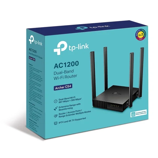 Cod.075 Router Wi-Fi de doble banda AC1200 TP-LINK Archer C50 / 5GHz: 867Mbps y 2.4GHz: 300Mbps / 4 puertos LAN/ 1 puerto WAN/ 4 antenas externas y Beamforming / Tecnología MU-MIMO (SIRVE COMO ACCESS POINT Y EXTENSOR DE RANGO)