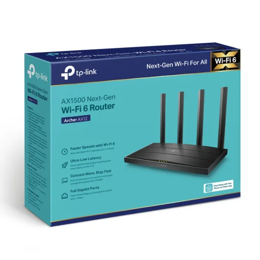 Cod. 140 Router TP-LINK Archer AX12 / Wi-Fi 6 Banda Dual AX1500 / 1201 Mbps (5 GHz) + 300 Mbps (2.4 GHz) / 3*P/LAN GIGABIT / 1*P/WAN GIGABIT / 4 Antenas y la tecnología Beamforming / OFDMA y MU-MIMO