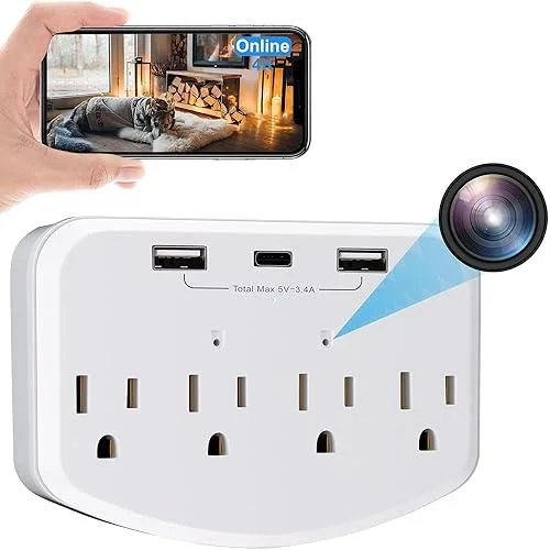 Cod. 413 Mini C&aacute;maras Kestanlora Full HD 1080p Wi-Fi / Formato en toma de pared / Det. Movimiento / Soporta: Micro SD / control con APP / 4*Enchufes CA + 2*USB-A + 1*USB-C (PD) 30W