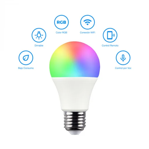 Cod. L:1027 Foco Smart WIFI 015B de 220V 9W Multicolor RGB 2700K- 6500K  / Programación de horarios / Intensidad regulable / Control por APP / Compatible con Alexa o Google Home