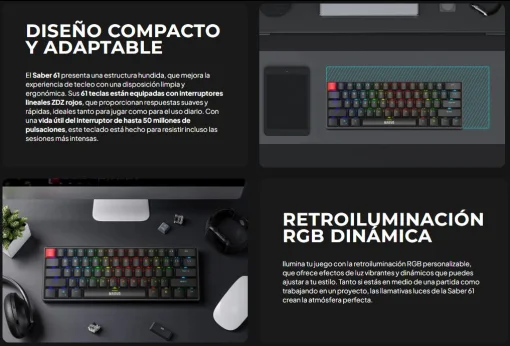 Cod. 282  Teclado Mec&aacute;nico MARVO Saber 61 (KG933G SP) / Switch rojo / Retroiluminaci&oacute;n RGB din&aacute;mica / Full Anti-ghosting / USB,&nbsp;1.8m / 62 teclas Espa&ntilde;ol