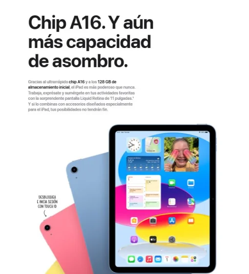 Cod. 130 Apple iPad 11"&nbsp;Liquid&nbsp;Retina (Chip A16) 128GB / iPadOS / Wi-Fi 6, BT 5.3 / C&aacute;m. post. 12MP, Selfie 12MP / Desbloqueo Touch ID / USB-C, 20W / MD4E4LL/A - Pink