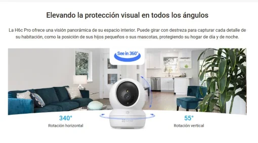 Cod. 333 Cámara Smart 360° EZVIZ H6c Pro 2K / Visión Nocturna a Color / Modo patrulla / Detección (AI) Personas y ruidos fuertes / Seg. automát. / Audio bidireccional y botón llamada / Compatible: Alexa y google home / Soporta microSD hasta 512GB
