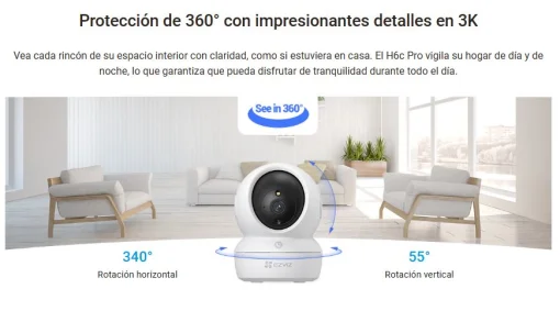Cod. 331 Cámara Smart 360° EZVIZ H6c Pro 3K / Visión Nocturna a Color Smart / Modo patrulla / Detección (AI) Personas y ruidos fuertes / Seguimiento de Zoom Aut. / Audio bidireccional y botón de llamada / compatible: Alexa y google home / Soporta mi