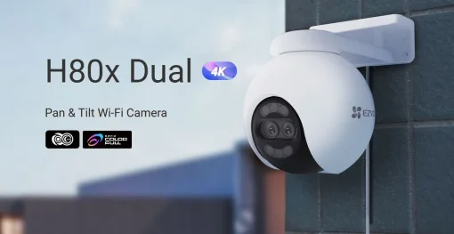 Cod. AE:745 Cámara Smart exterior EZVIZ H80x Dual 4K 360° / Vista Nocturna ColorFULL / Auto-Zoom Tracking / 2*modos patrulla / Detección humana/vehículo IA / Defensa activa / Audio bidireccional / microSD hasta 512GB / Compatible: Alexa y asst. Google