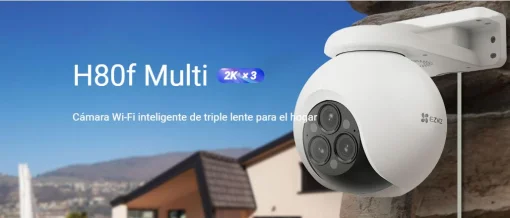 Cod. AE:365 Cámara Smart exterior EZVIZ H80f Multi 2K+ 360° lentes triple / Zoom 12× / Vista Nocturna Color / Auto-Zoom Tracking / 2*modos patrulla auto. / Detección humana/vehículo IA / Defensa activa / Audio bidireccional / microSD hasta 512GB / IP67 /