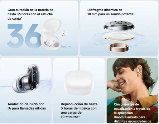 Cod. B:114 Audifonos Redmi Buds 6 Play (Blanco) / Bluetooth® 5.4 / Anulación de ruido IA / Bat. 600mAh (36H) / USB-C / 5 modos de ecualización / IPX4