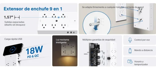 Cod. 1070  Enchufe Smart Wi-Fi 9 en 1 TP-Link Tapo P306 / 3*tomas smart + 3*tomas activos + 2*USB-A (QC3.0) + 1*USB-C (PD) carga rápida 18W / Compatible: Alexa, Google Home y Apple Siri / Prot. contra sobretensión / Programable y temporizador