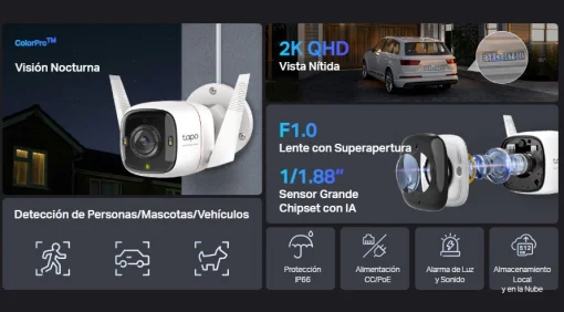 Cod. AT:368 Cámara TP-Link Tapo C325WB Wi-Fi, PoE P/Exterior 2K QHD / Visión Detallado Nocturna ColorPro / Detección AI avanzada (Pers./Masc./Veh.) / Personaliza Alarma y zonas / Audio bidireccional / Soporta microSD 512GB / Compatible: Google Home y Alex