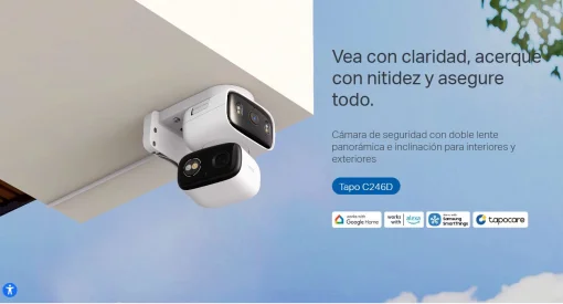 Cod. AT:379 Cámara Smart exterior/interior TP-Link Tapo C246D Dual 2K 360° / Lente gran angular 125° &amp; Teleobjetivo 6mm / Vista Nocturna Intelig. / Detección AI (pers. masc. veh.) / Seg. automát. sincronizado / 8 puntos patrulla / Audio bidireccional / So