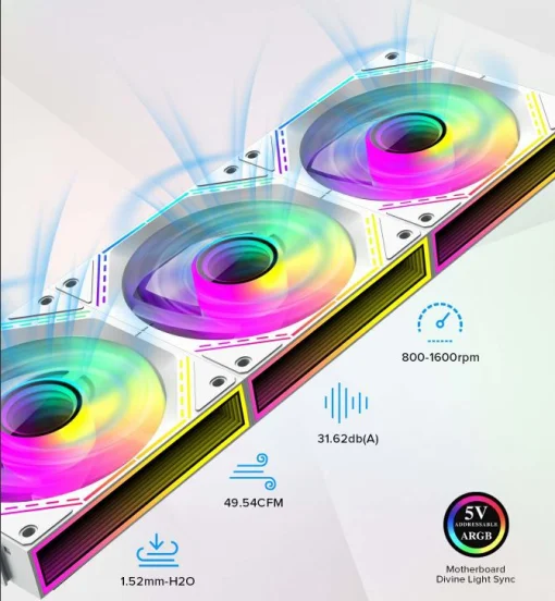 Cod. V:293 Kit Ventiladores PC GAMEMAX FN12A-S3I WH / 3*FAN120mm conectado en cadena / Luces ARGB efecto infinito 26LED (8+18 C/U) / PWM de 4 pines (M/F) / Aura 3 pin 5V (M/F)