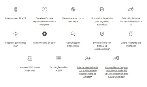 Cod. 335 Cámara Smart exterior EZVIZ H9c Dual 2K &amp; 2K 360° / Vista Nocturna Color / 2*modos patrulla / Detección humana/vehículo IA / Co-detección Seg. automát. / Defensa activa / Audio bidireccional / Soporta microSD hasta 512GB / Compatible: Alexa y ass