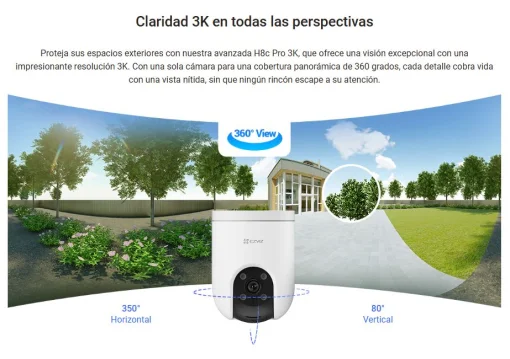 Cod. 743 Cámara Smart p/exterior 360° Wi-Fi EZVIZ H8c Pro 3K / Visión nocturna a color / IR (hasta 30mt.) / Detección Personas/Vehículos por IA / Seguimiento Zoom automático / Defensa activa / Audio bidireccional / Diseño resistente a la intemperie / Sopo