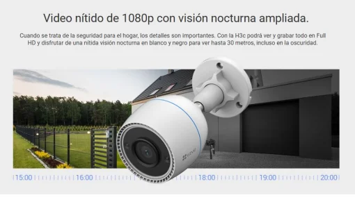 AE:366 Cámara Smart P/Exterior EZVIZ H3c FHD 1080p / Det. Personas por IA / Visión nocturna FullColor / IR (hasta 30mt.) / Captura de sonido / Defensa activa / Soporta microSD (hasta 512GB) / Resistente a la intemperie IP67 / Compatible: Alexa y asst. Goo