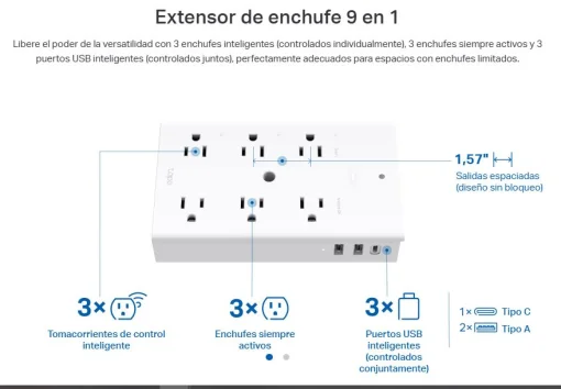 Cod. 1070  Enchufe Smart Wi-Fi 9 en 1 TP-Link Tapo P306 / 3*tomas smart + 3*tomas activos + 2*USB-A (QC3.0) + 1*USB-C (PD) carga rápida 18W / Compatible: Alexa, Google Home y Apple Siri / Prot. contra sobretensión / Programable y temporizador