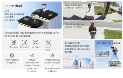 Cod. AT:379 Cámara Smart exterior/interior TP-Link Tapo C246D Dual 2K 360° / Lente gran angular 125° &amp; Teleobjetivo 6mm / Vista Nocturna Intelig. / Detección AI (pers. masc. veh.) / Seg. automát. sincronizado / 8 puntos patrulla / Audio bidireccional / So