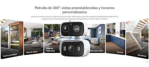 Cod. AT:379 Cámara Smart exterior/interior TP-Link Tapo C246D Dual 2K 360° / Lente gran angular 125° &amp; Teleobjetivo 6mm / Vista Nocturna Intelig. / Detección AI (pers. masc. veh.) / Seg. automát. sincronizado / 8 puntos patrulla / Audio bidireccional / So