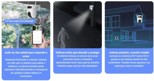 Cod. 335 Cámara Smart exterior EZVIZ H9c Dual 2K &amp; 2K 360° / Vista Nocturna Color / 2*modos patrulla / Detección humana/vehículo IA / Co-detección Seg. automát. / Defensa activa / Audio bidireccional / Soporta microSD hasta 512GB / Compatible: Alexa y ass