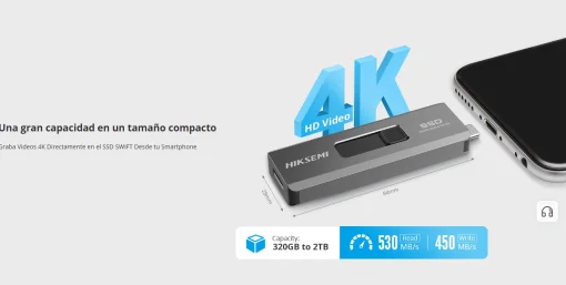 Cod. X:467 SSD Externo Dual Mini HIKSEMI SWIFT - 1TB / Interfaz: USB-A + USB-C 3.2 Gen 2 / OTG / 530MB/s Read, 450MB/s Write / Carcasa metálica