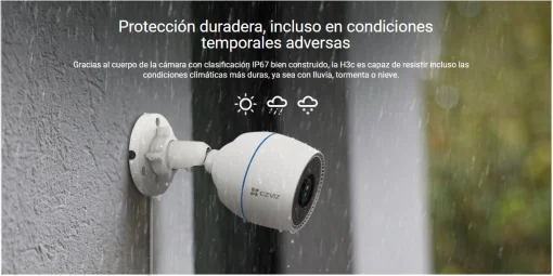 AE:366 Cámara Smart P/Exterior EZVIZ H3c FHD 1080p / Det. Personas por IA / Visión nocturna FullColor / IR (hasta 30mt.) / Captura de sonido / Defensa activa / Soporta microSD (hasta 512GB) / Resistente a la intemperie IP67 / Compatible: Alexa y asst. Goo